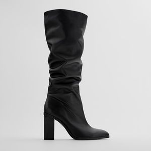 ZARA black slouchy heeled high shaft leather boots